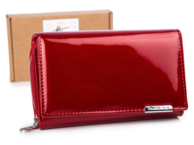 Duży lakieorwany portfel damski gładka tafla lakieru jennifer Jones z wzorkiem w metaliczne linie