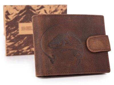 Skórzany portfel męski dla wędkarza z rybą