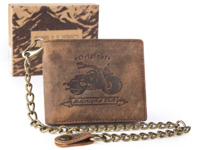 Skórzany portfel męski z grubym złotym łańcuchem na motor