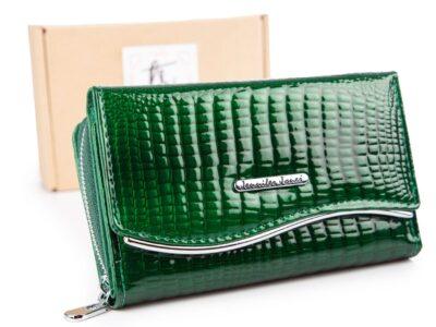 Portfel damski Jennifer Jones w kolorze butelkowej zieleni z RFID lakierowany