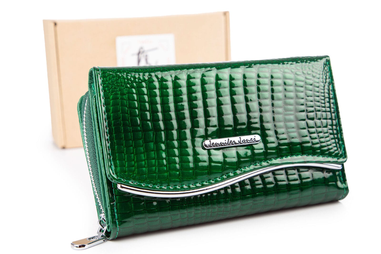 Portfel damski Jennifer Jones w kolorze butelkowej zieleni z RFID lakierowany