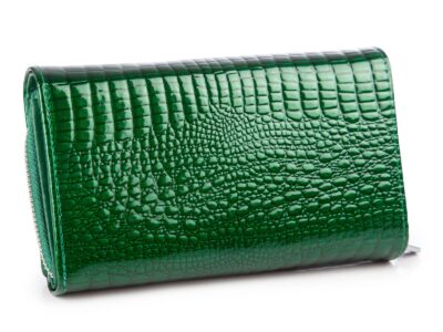 Duży portfel damski lakierowany w kolorze butelkowej zieleni kroko RFID - obrazek 2