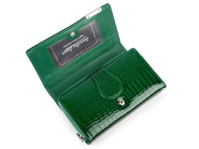 Duży portfel damski lakierowany w kolorze butelkowej zieleni kroko RFID - obrazek 3