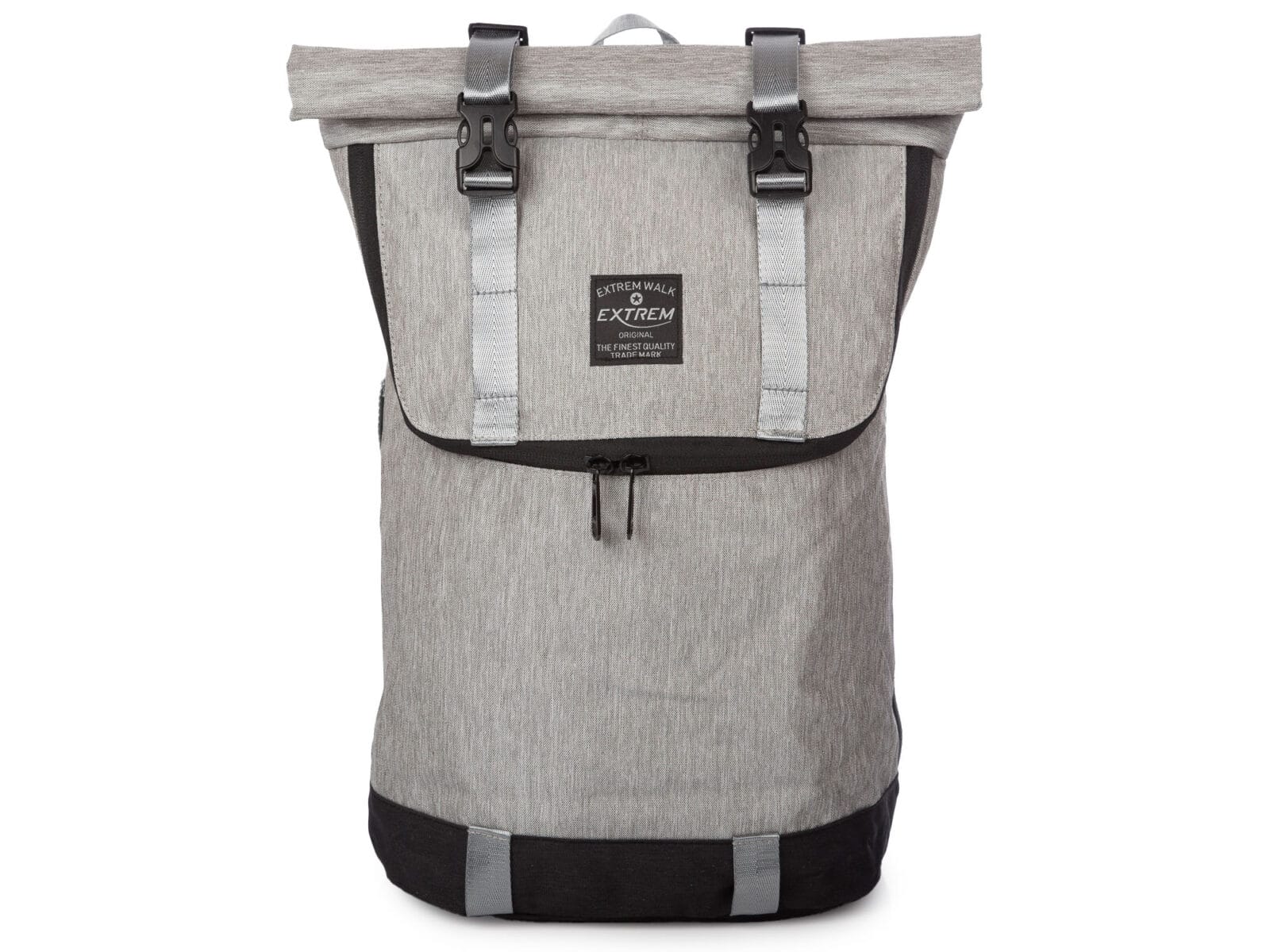 Szary plecak na wycieczkę ze zwijanym kołnierzem.