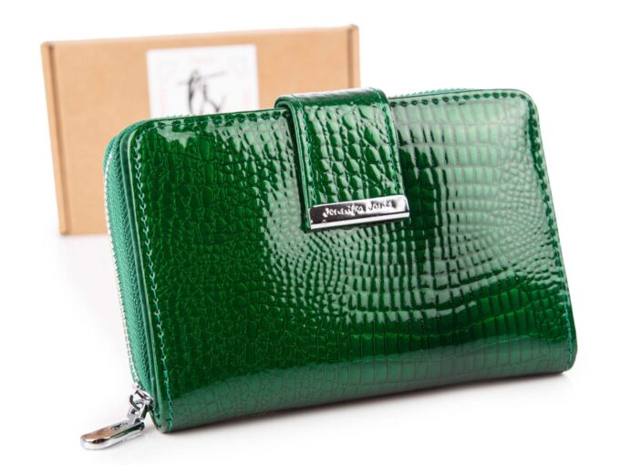 Średni portfel damski lakierowany w kolorze butelkowej zieleni Jennifer Jones