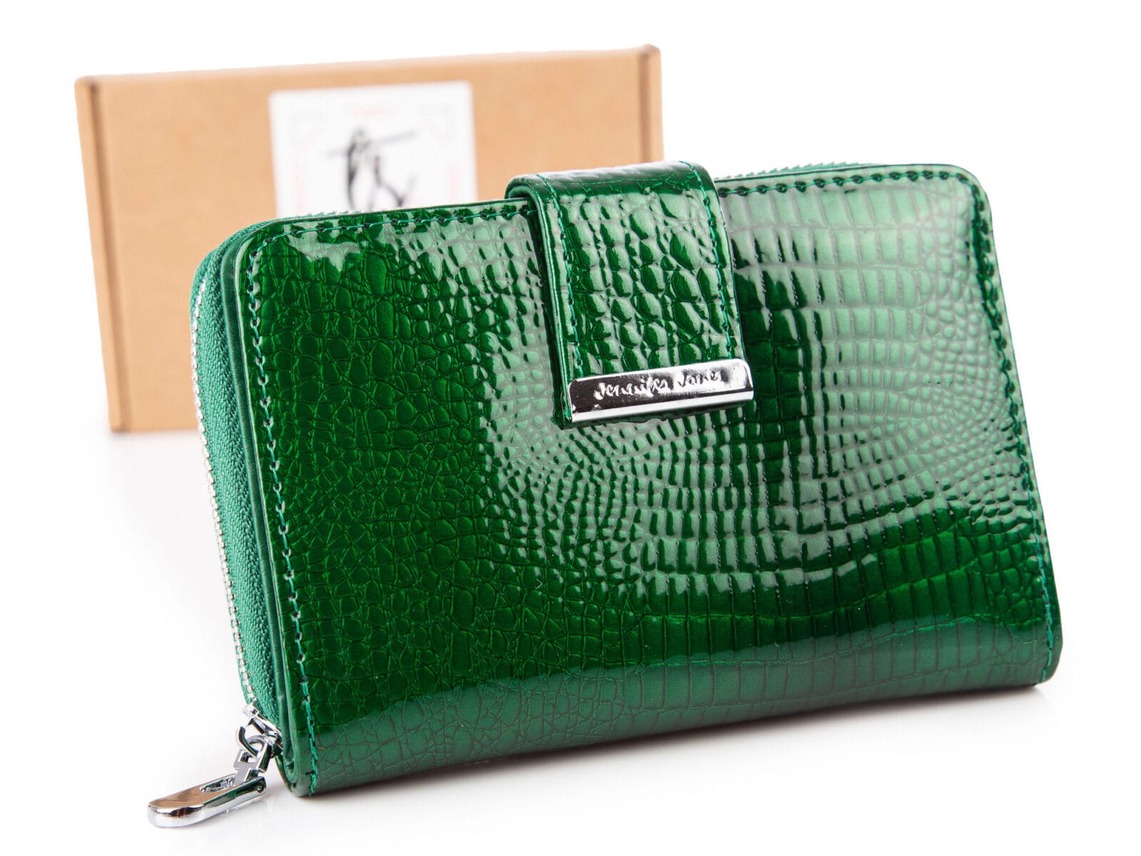 Średni portfel damski lakierowany w kolorze butelkowej zieleni Jennifer Jones