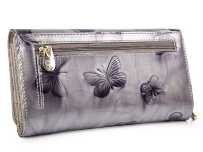 Duży portfel damski srebrny w granatowe motylki RFID Peterson - obrazek 3