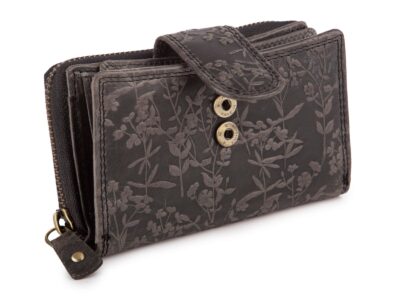 Ręcznie szyty portfel damski w kwiaty vintage skórzany czarny RFID - obrazek 3