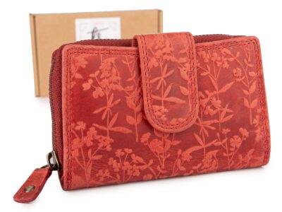 Ręcznie szyty portfel damski w kwiaty vintage skórzany czerwony RFID