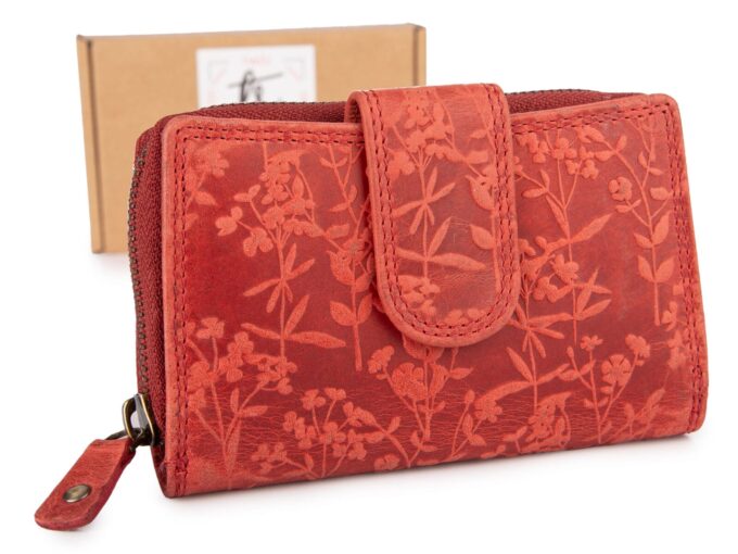 Ręcznie szyty portfel damski w kwiaty vintage skórzany czerwony RFID