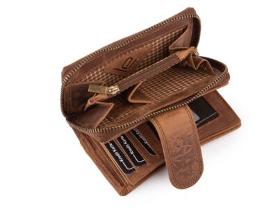 Ręcznie szyty portfel damski w kwiaty vintage skórzany ciemnobrązowy RFID - obrazek 2