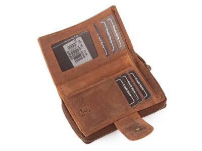 Ręcznie szyty portfel damski w kwiaty vintage skórzany ciemnobrązowy RFID - obrazek 4