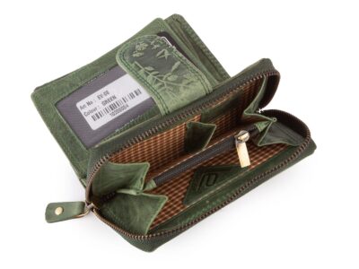 Ręcznie szyty portfel damski w kwiaty vintage skórzany zielony RFID - obrazek 2