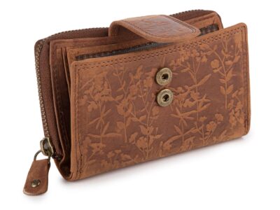 Ręcznie szyty portfel damski w kwiaty vintage skórzany ciemnobrązowy RFID - obrazek 3