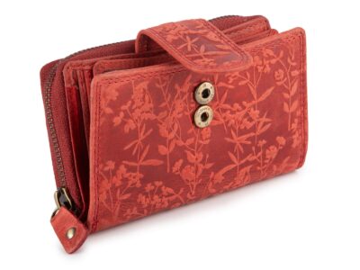 Ręcznie szyty portfel damski w kwiaty vintage skórzany czerwony RFID - obrazek 3