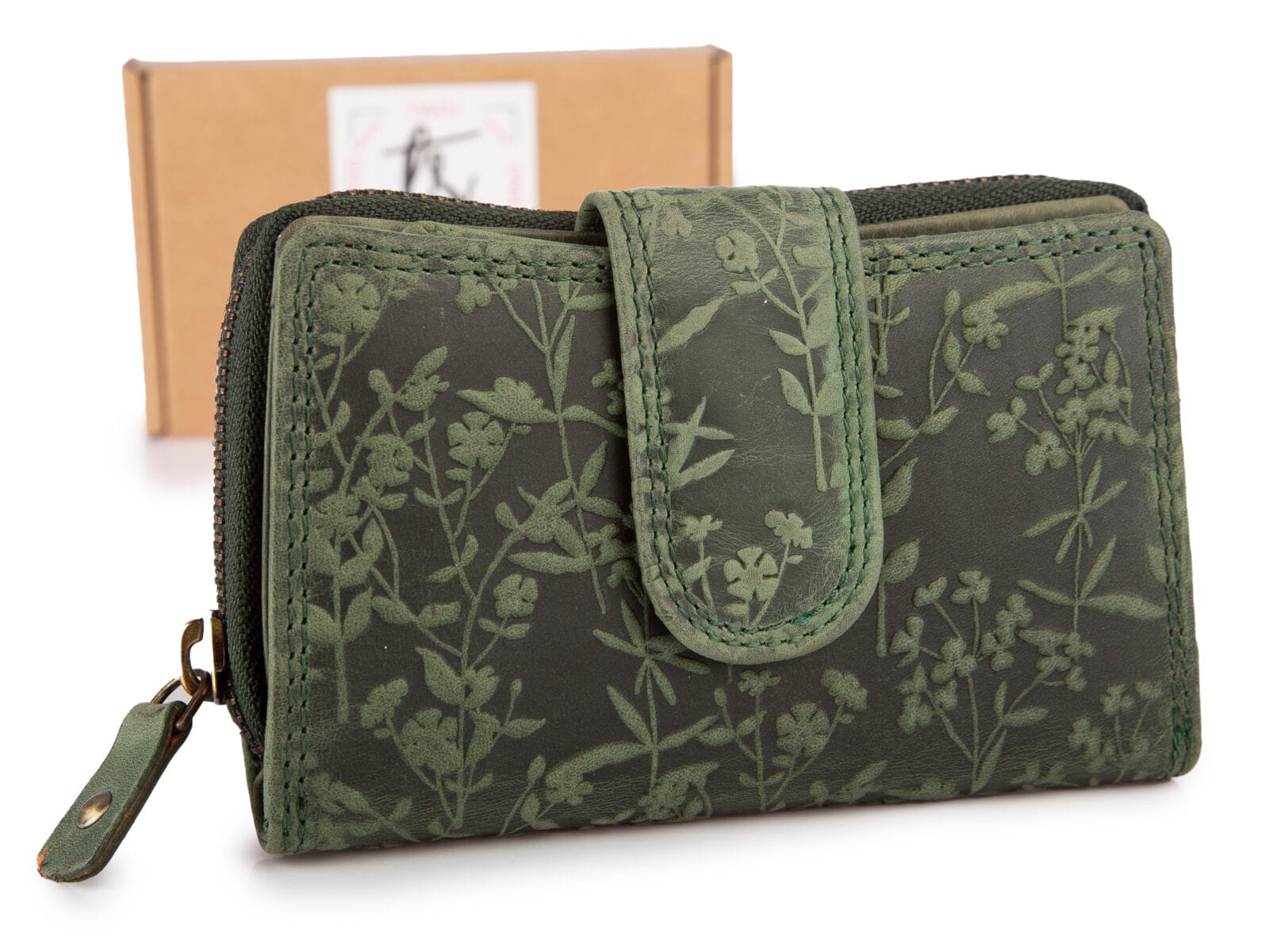 Ręcznie szyty portfel damski w kwiaty vintage skórzany zielony RFID