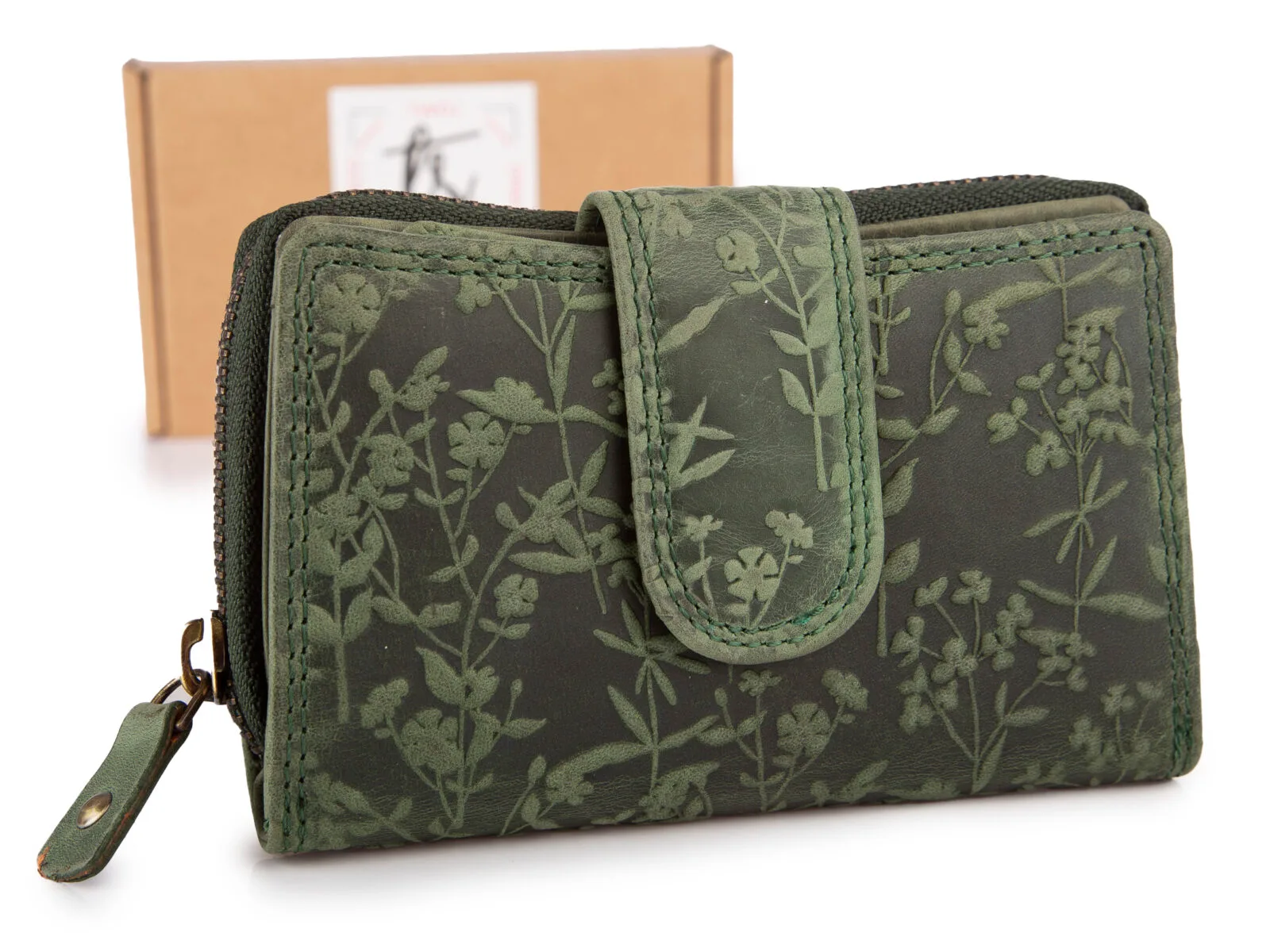 Ręcznie szyty portfel damski w kwiaty vintage skórzany zielony RFID
