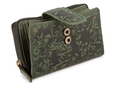 Ręcznie szyty portfel damski w kwiaty vintage skórzany zielony RFID - obrazek 3