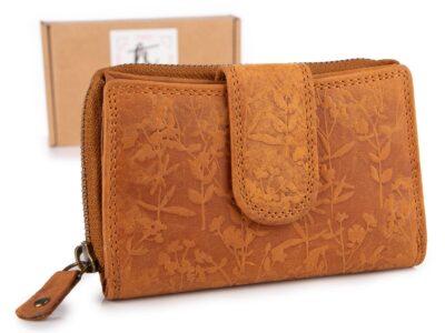 Ręcznie szyty portfel damski w kwiaty vintage skórzany brązowy RFID