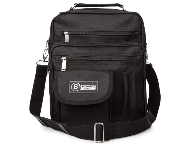 Czarna, pionowa, materiałowa torba męska na ramię z wieloma kieszonkami.