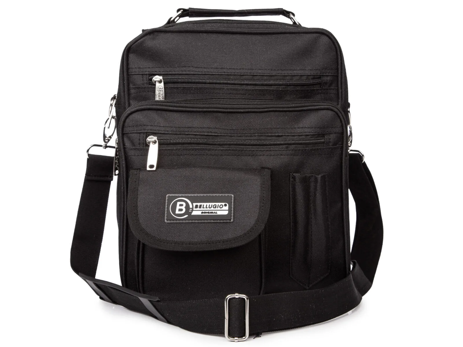 Czarna, pionowa, materiałowa torba męska na ramię z wieloma kieszonkami.