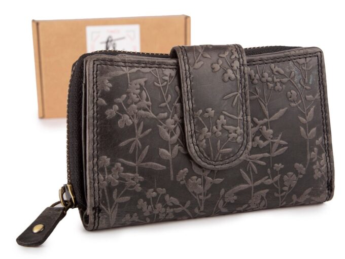 Ręcznie szyty portfel damski w kwiaty vintage skórzany czarny RFID