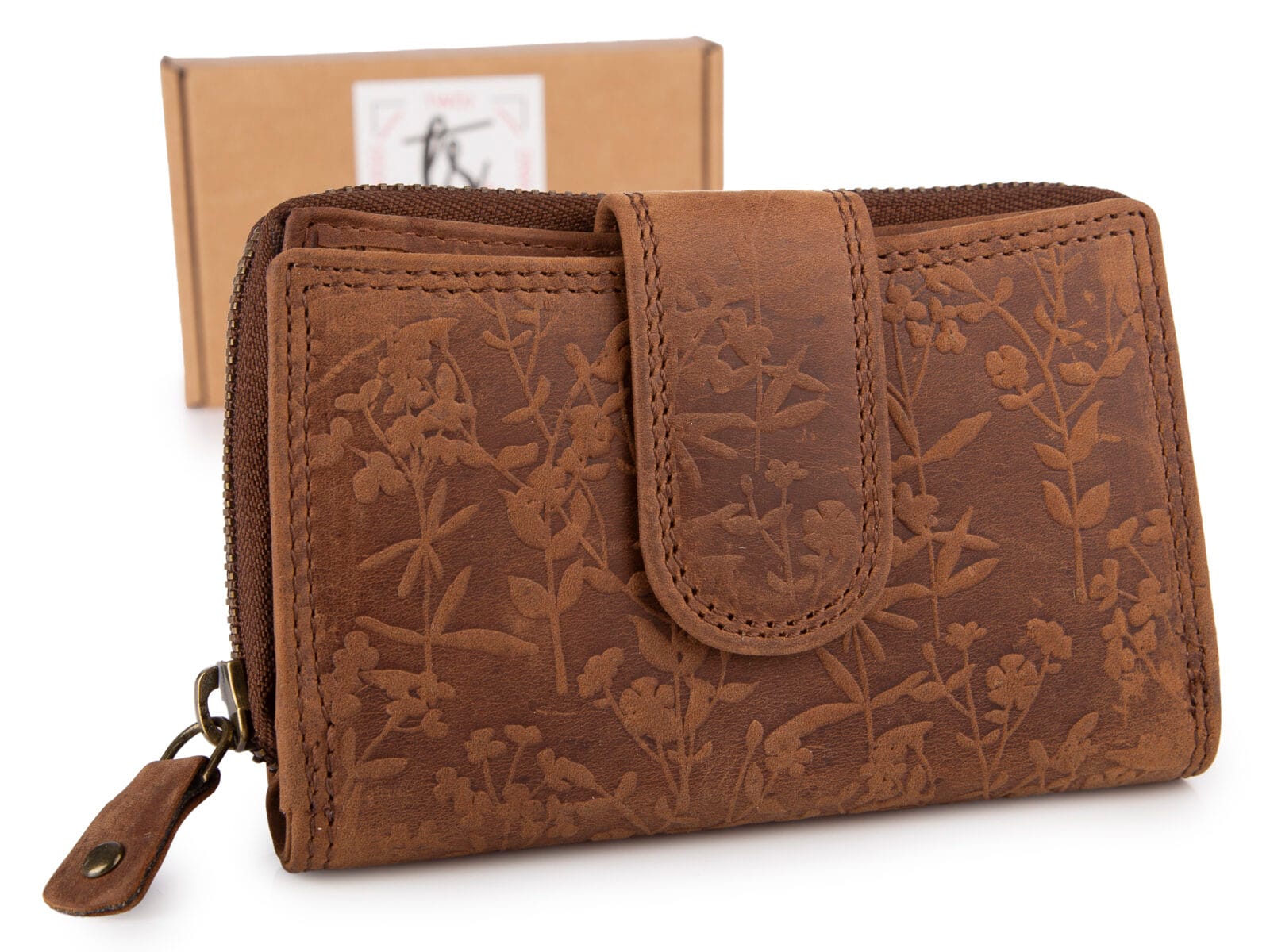 Ręcznie szyty portfel damski w kwiaty vintage skórzany ciemnobrązowy RFID