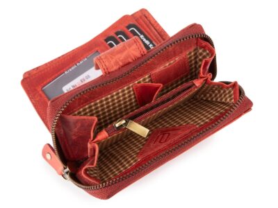 Ręcznie szyty portfel damski w kwiaty vintage skórzany czerwony RFID - obrazek 2