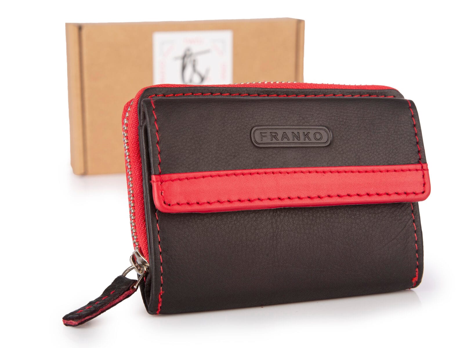mały czarno-czerwony portfel z miękkiej skóry naturalnej z ochroną kart RFID Franko