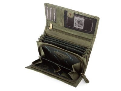 Duży poziomy portfel damski zielony szyty ręcznie ze skóry naturalnej w kwiaty RFID - obrazek 4