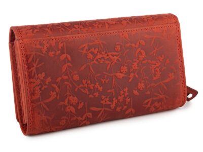 Duży poziomy portfel damski czerwony szyty ręcznie ze skóry naturalnej w kwiaty RFID - obrazek 2
