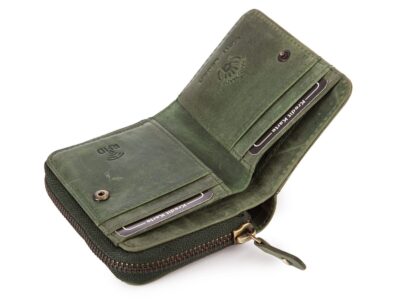 Zielony mały portfel damski skórzany z kwiatowym wzorem szyty ręcznie RFID - obrazek 2