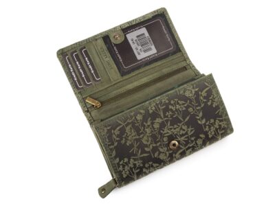 Duży poziomy portfel damski zielony szyty ręcznie ze skóry naturalnej w kwiaty RFID - obrazek 3