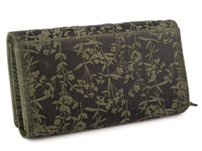 Duży poziomy portfel damski zielony szyty ręcznie ze skóry naturalnej w kwiaty RFID - obrazek 2