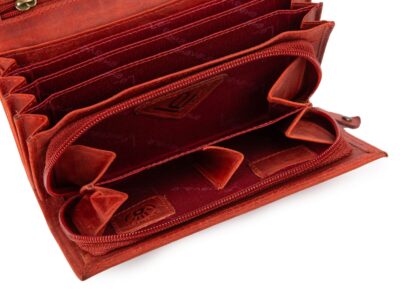 Duży poziomy portfel damski czerwony szyty ręcznie ze skóry naturalnej w kwiaty RFID - obrazek 5