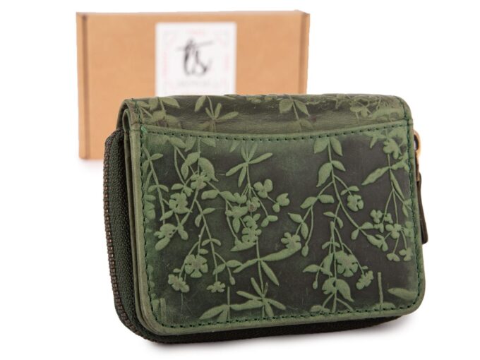 Zielony mały portfel damski skórzany z kwiatowym wzorem szyty ręcznie RFID