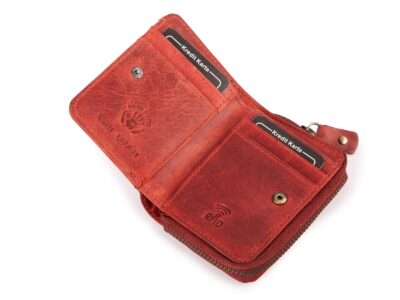 Czerwony mały portfel damski skórzany z kwiatowym wzorem szyty ręcznie RFID - obrazek 4