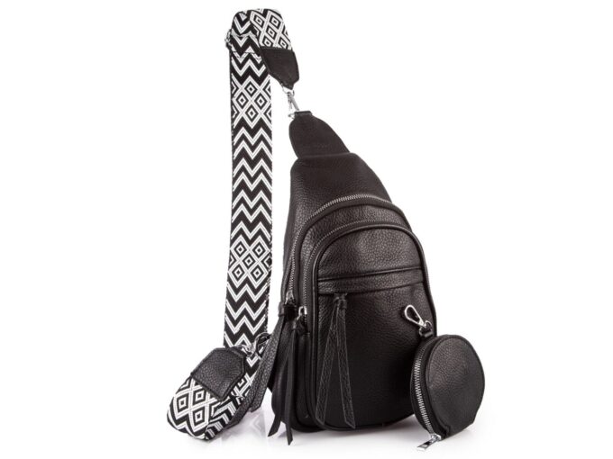 Czarny plecak damski na jadno ramię 2-komorowy z saszetką