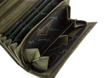 Duży poziomy portfel damski zielony szyty ręcznie ze skóry naturalnej w kwiaty RFID - obrazek 6