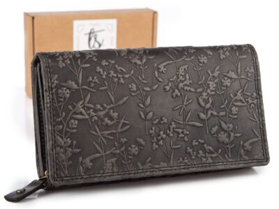 Duży poziomy portfel damski czarny szyty ręcznie ze skóry naturalnej w kwiaty RFID