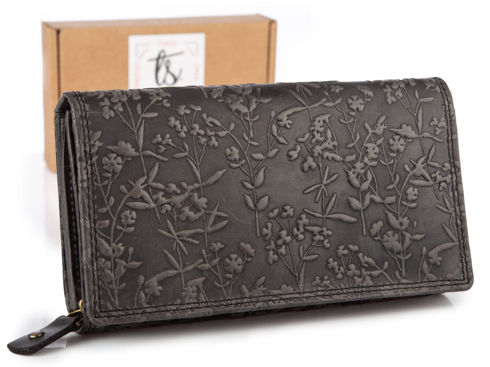 Duży poziomy portfel damski czarny szyty ręcznie ze skóry naturalnej w kwiaty RFID