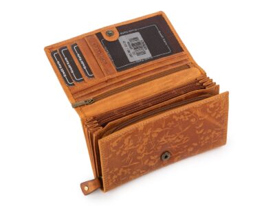 Duży poziomy portfel damski jasnobrązowy szyty ręcznie ze skóry naturalnej w kwiaty RFID - obrazek 3