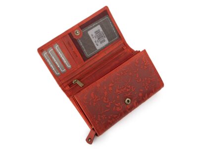 Duży poziomy portfel damski czerwony szyty ręcznie ze skóry naturalnej w kwiaty RFID - obrazek 3