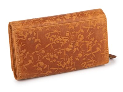 Duży poziomy portfel damski jasnobrązowy szyty ręcznie ze skóry naturalnej w kwiaty RFID - obrazek 2