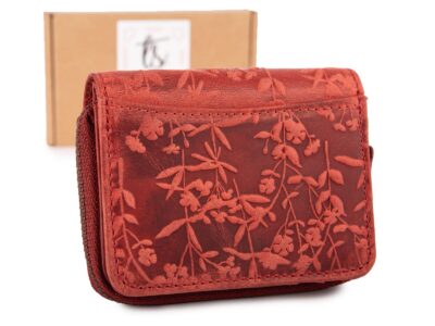 Czerwony mały portfel damski skórzany z kwiatowym wzorem szyty ręcznie RFID