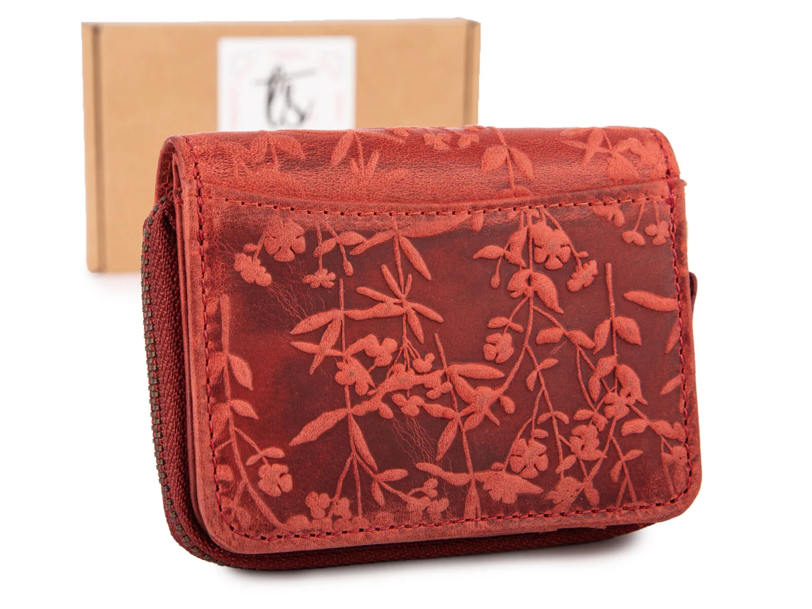 Czerwony mały portfel damski skórzany z kwiatowym wzorem szyty ręcznie RFID