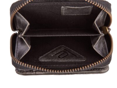 Czarny mały portfel damski skórzany z kwiatowym wzorem szyty ręcznie RFID - obrazek 3