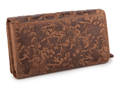 Duży poziomy portfel damski ciemnobrązowy szyty ręcznie ze skóry naturalnej w kwiaty RFID - obrazek 2