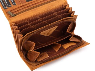 Duży poziomy portfel damski jasnobrązowy szyty ręcznie ze skóry naturalnej w kwiaty RFID - obrazek 5