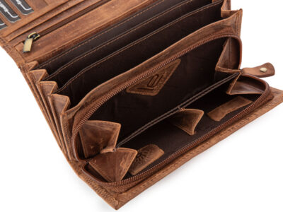 Duży poziomy portfel damski ciemnobrązowy szyty ręcznie ze skóry naturalnej w kwiaty RFID - obrazek 5